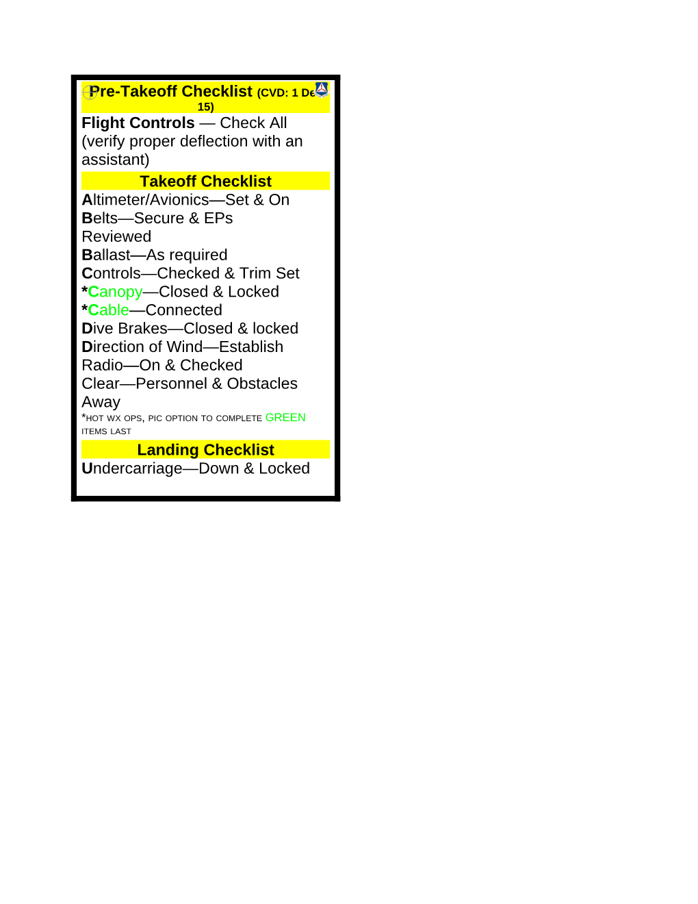 Pre-Takeoff Checklist (CVD: 1 Dec 15)