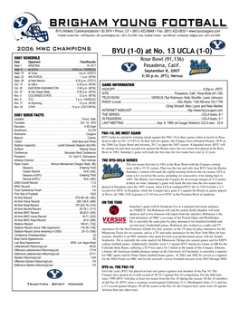 BRIGHAM YOUNG FOOTBALL BYU Athletic Communications • 30 SFH • Provo, UT • (801) 422-8948 • Fax: (801) 422-0633 • Football Contact Info