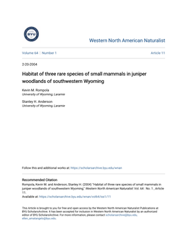 Habitat of Three Rare Species of Small Mammals in Juniper Woodlands of Southwestern Wyoming