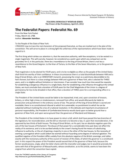 The Federalist Papers: Federalist No. 69 from the New York Packet Friday, March 14, 1788