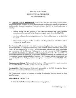 POSITION DESCRIPTION CONNECTIONAL PRESBYTER New Castle Presbytery the CONNECTIONAL PRESBYTER Is One of Two New Full-Time Staff P