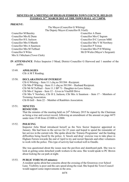 Minutes of a Meeting of Higham Ferrers Town Council Held on Tuesday 31St March 2015 at the Town Hall at 7.30Pm