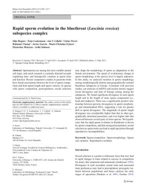 Rapid Sperm Evolution in the Bluethroat (Luscinia Svecica) Subspecies Complex