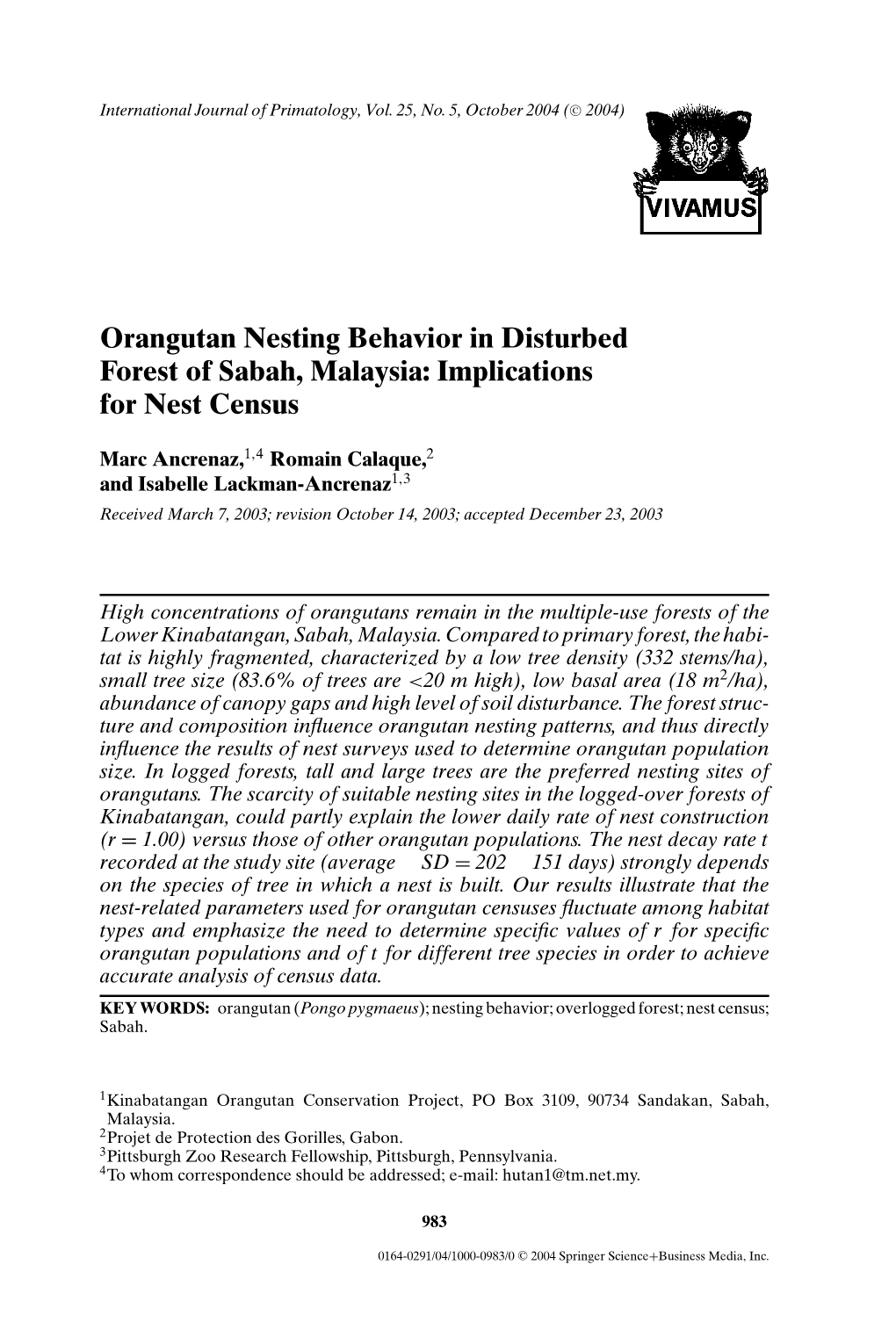 Orangutan Nesting Behavior in Disturbed Forest of Sabah, Malaysia: Implications for Nest Census