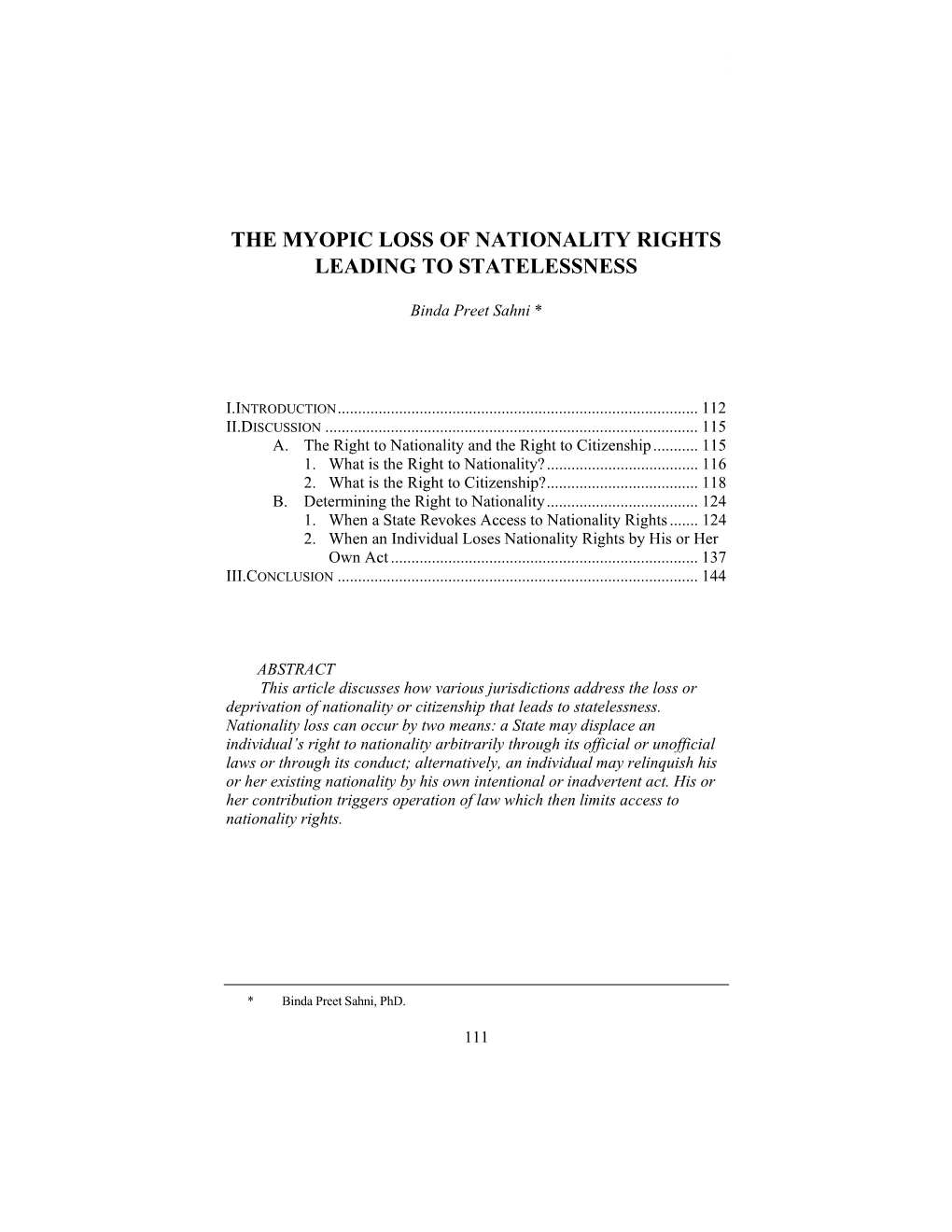 The Myopic Loss of Nationality Rights Leading to Statelessness