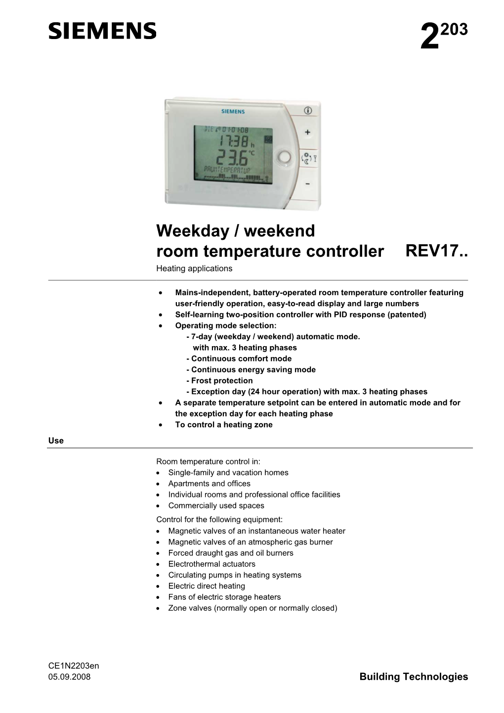 2203 Weekday / Weekend Room Temperature Controller REV17