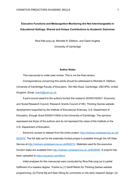 COGNITIVE PREDICTORS ACADEMIC SKILLS Executive Functions and Metacognitive Monitoring Are Not Interchangeable in Educational