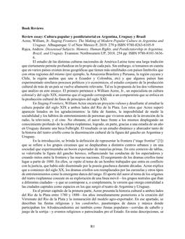 R1 Book Reviews Review Essay: Cultura Popular Y Postdictatorial En Argentina, Uruguay Y Brasil Acree, William, Jr. Staging Fron