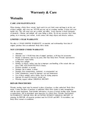 Warranty & Care Wetsuits