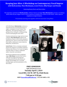 Keeping Jazz Alive: a Workshop on Contemporary Vocal Improv with Sheila Jordan, Theo Bleckmann, Lewis Porter, Billy Harper and Friends