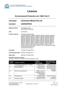 Licence Environmental Protection Act 1986, Part V Licensee