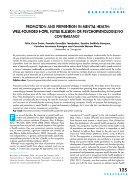 Promotion and Prevention in Mental Health: Well-Founded Hope, Futile Illusion Or Psychopathologizing Contraband?