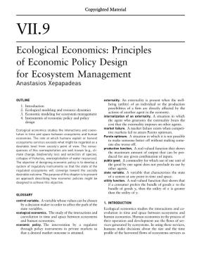 Principles of Economic Policy Design for Ecosystem Management Anastasios Xepapadeas