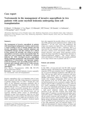 Case Report Voriconazole in the Management of Invasive Aspergillosis in Two Patients with Acute Myeloid Leukemia Undergoing Stem Cell Transplantation