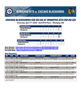 Chicago Blackhawks (33-39-10) at Winnipeg Jets (52-20-10) Saturday, April 7Th, 2018 – Bell MTS Place – Winnipeg, MB
