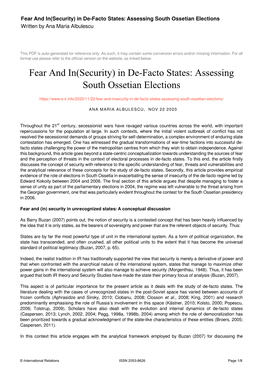 Fear and In(Security) in De-Facto States: Assessing South Ossetian Elections Written by Ana Maria Albulescu