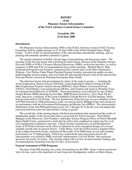 1 REPORT of the Planetary Science Subcommittee of the NASA