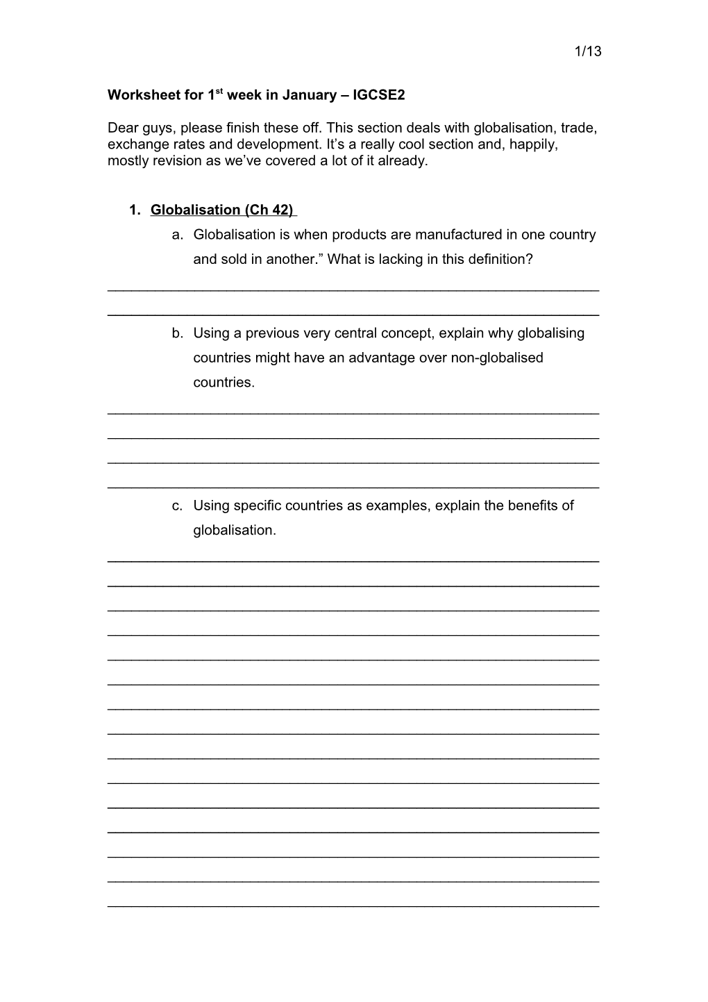 Worksheet for 1St Week in January IGCSE2