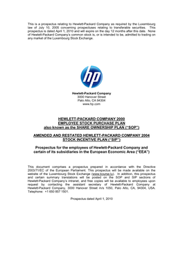 HEWLETT-PACKARD COMPANY 2000 EMPLOYEE STOCK PURCHASE PLAN Also Known As the SHARE OWNERSHIP PLAN (“SOP”)