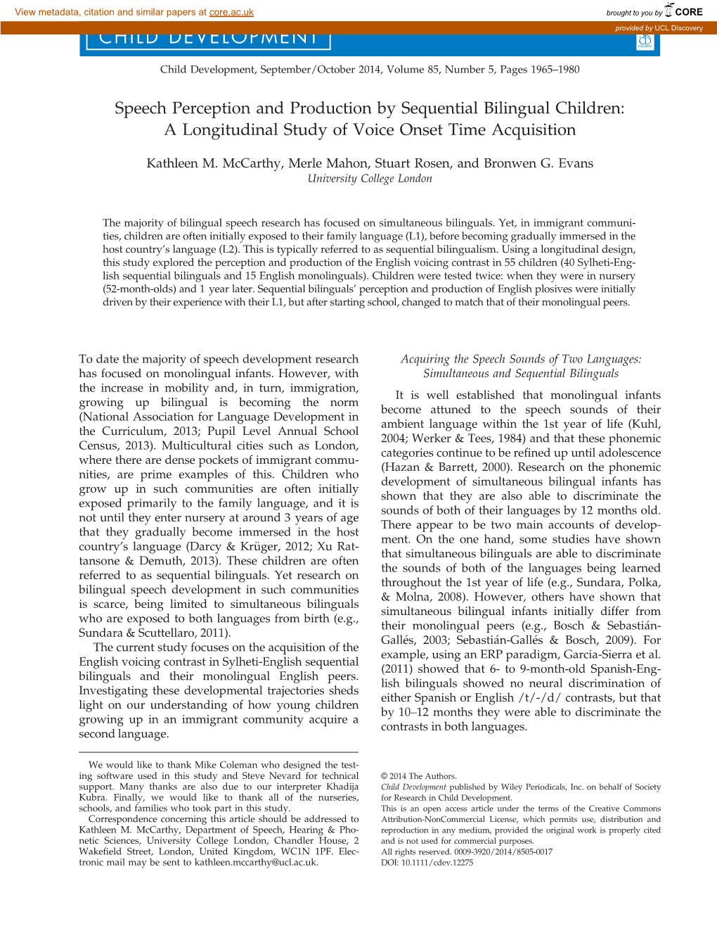 Speech Perception and Production by Sequential Bilingual Children: a Longitudinal Study of Voice Onset Time Acquisition