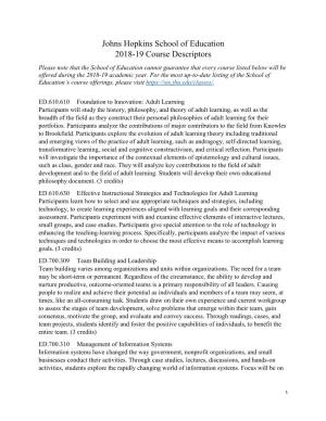 Johns Hopkins School of Education 2018-19 Course Descriptors