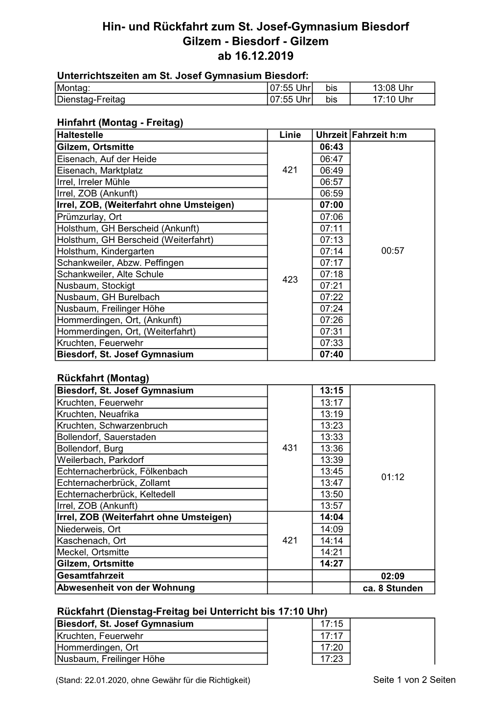 Hin- Und Rückfahrt Zum St. Josef-Gymnasium Biesdorf Gilzem - Biesdorf - Gilzem Ab 16.12.2019 Unterrichtszeiten Am St