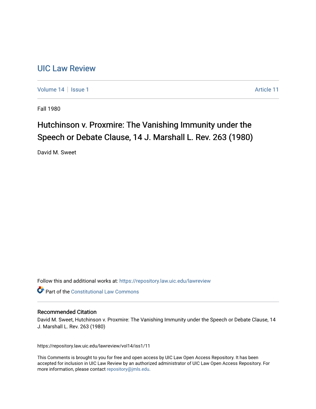 Hutchinson V. Proxmire: the Vanishing Immunity Under the Speech Or Debate Clause, 14 J