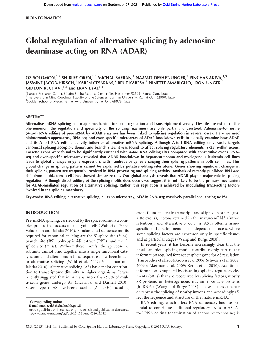 Global Regulation of Alternative Splicing by Adenosine Deaminase Acting on RNA (ADAR)