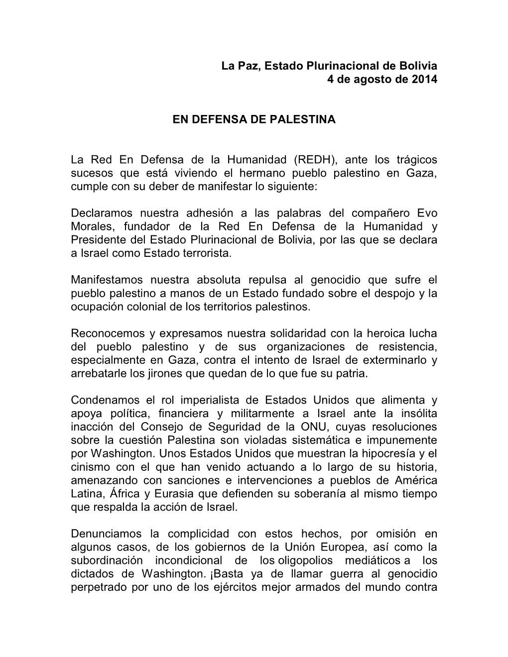 La Paz, Estado Plurinacional De Bolivia 4 De Agosto De 2014