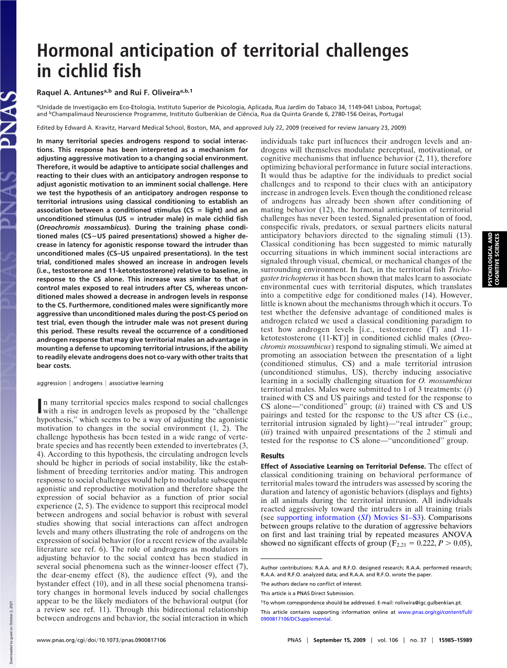 Hormonal Anticipation of Territorial Challenges in Cichlid Fish