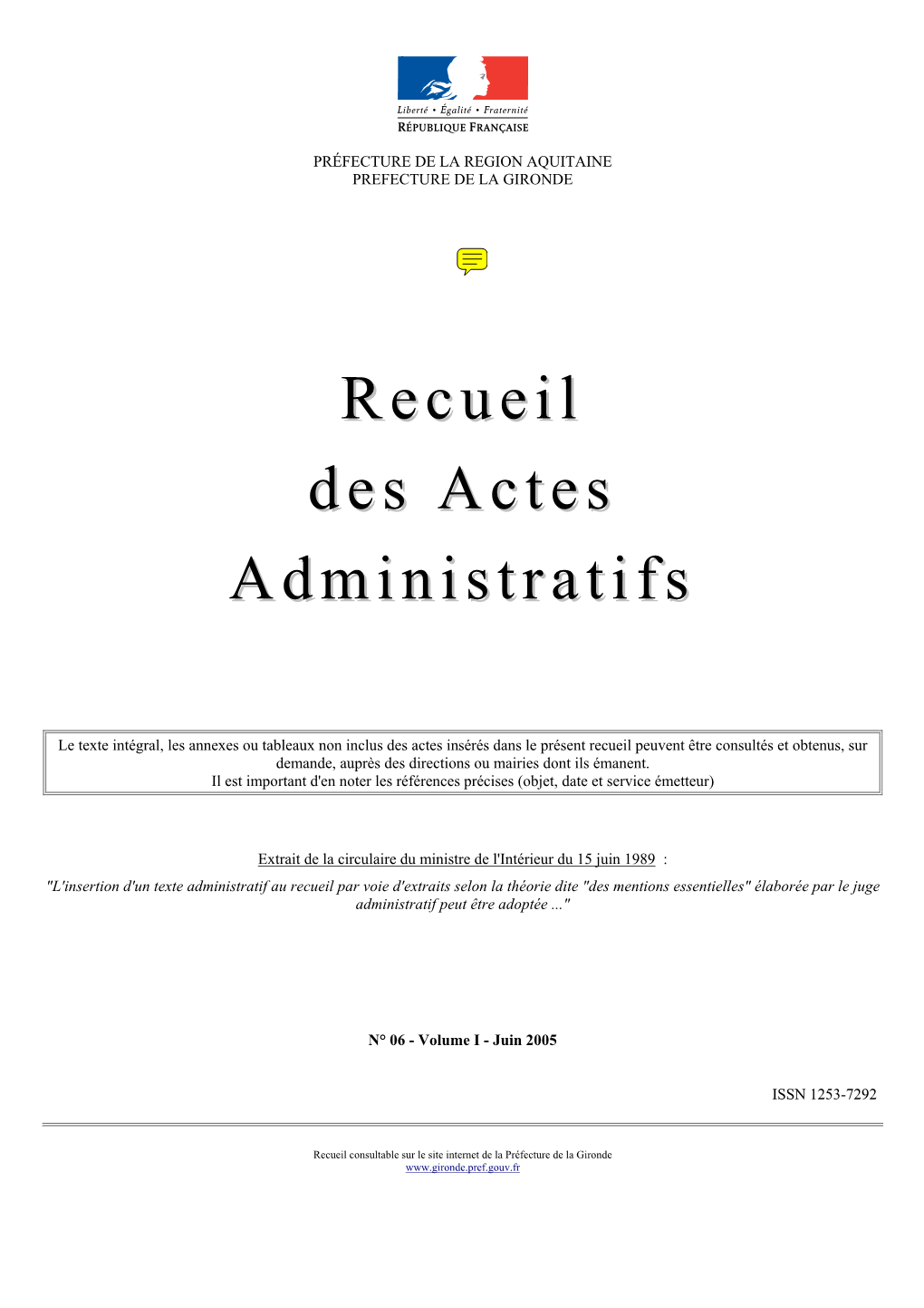 Recueil Des Actes Administratifs N° 06 - Volume I - Juin 2005 – Page 2