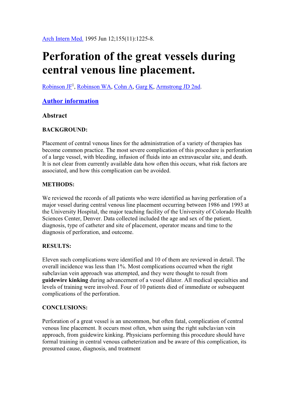 Perforation of the Great Vessels During Central Venous Line Placement