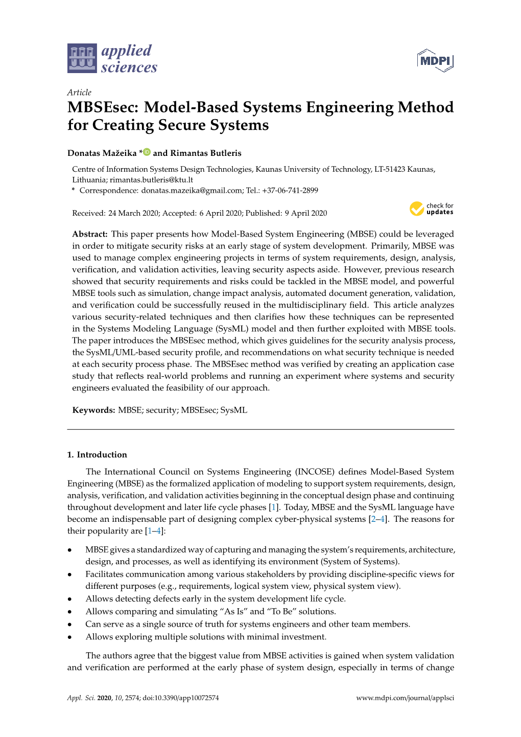 Model-Based Systems Engineering Method for Creating Secure Systems