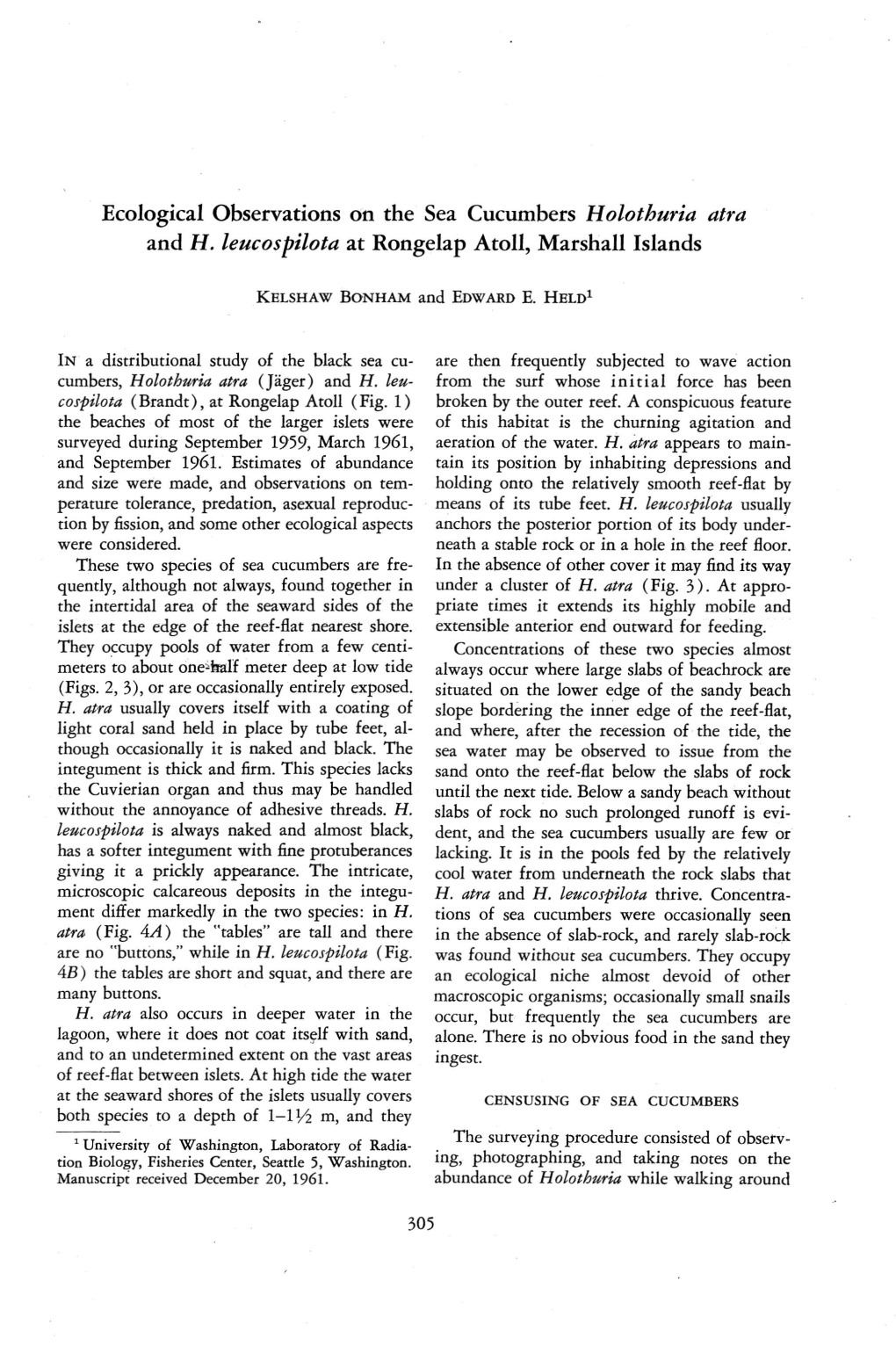 Ecological Observations on the Sea Cucumbers Holothuria Atra and H. Leucospilota at Rongelap Atoll, Marshall Islands