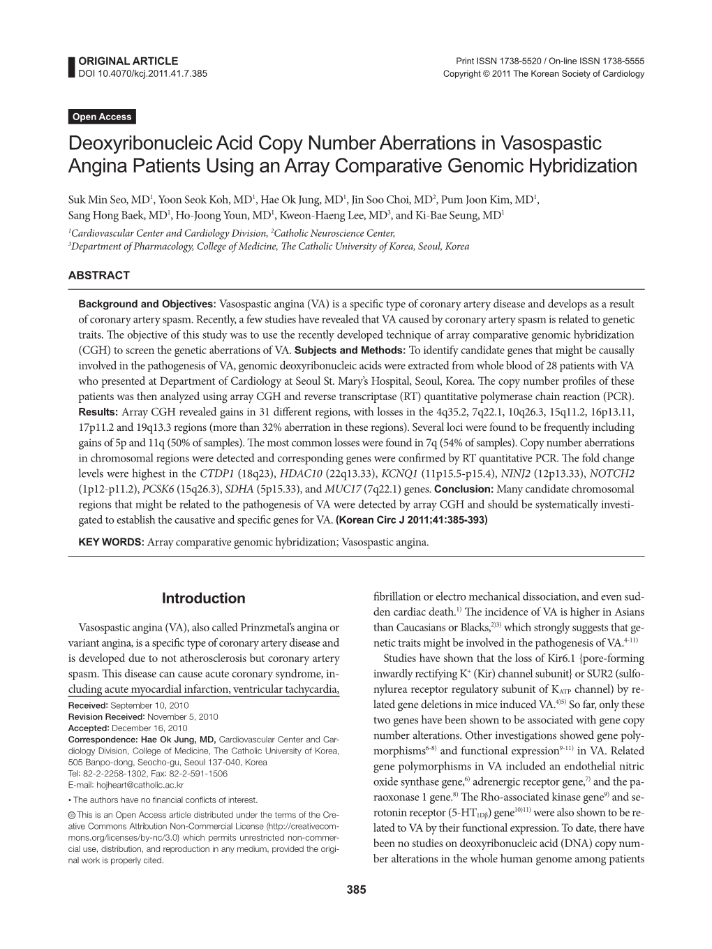 Deoxyribonucleic Acid Copy Number Aberrations in Vasospastic Angina Patients Using an Array Comparative Genomic Hybridization