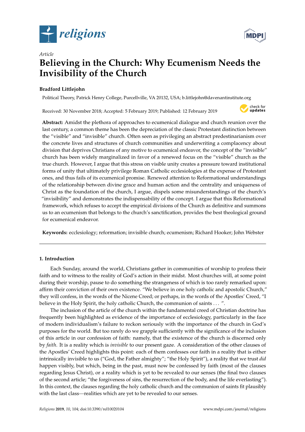 Believing in the Church: Why Ecumenism Needs the Invisibility of the Church