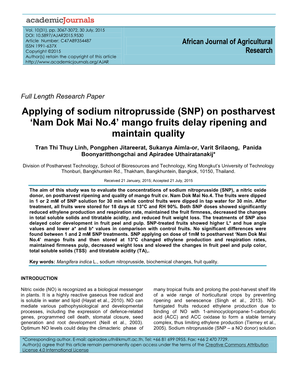 Applying of Sodium Nitroprusside (SNP) on Postharvest 'Nam Dok Mai No.4' Mango Fruits Delay Ripening and Maintain Quality