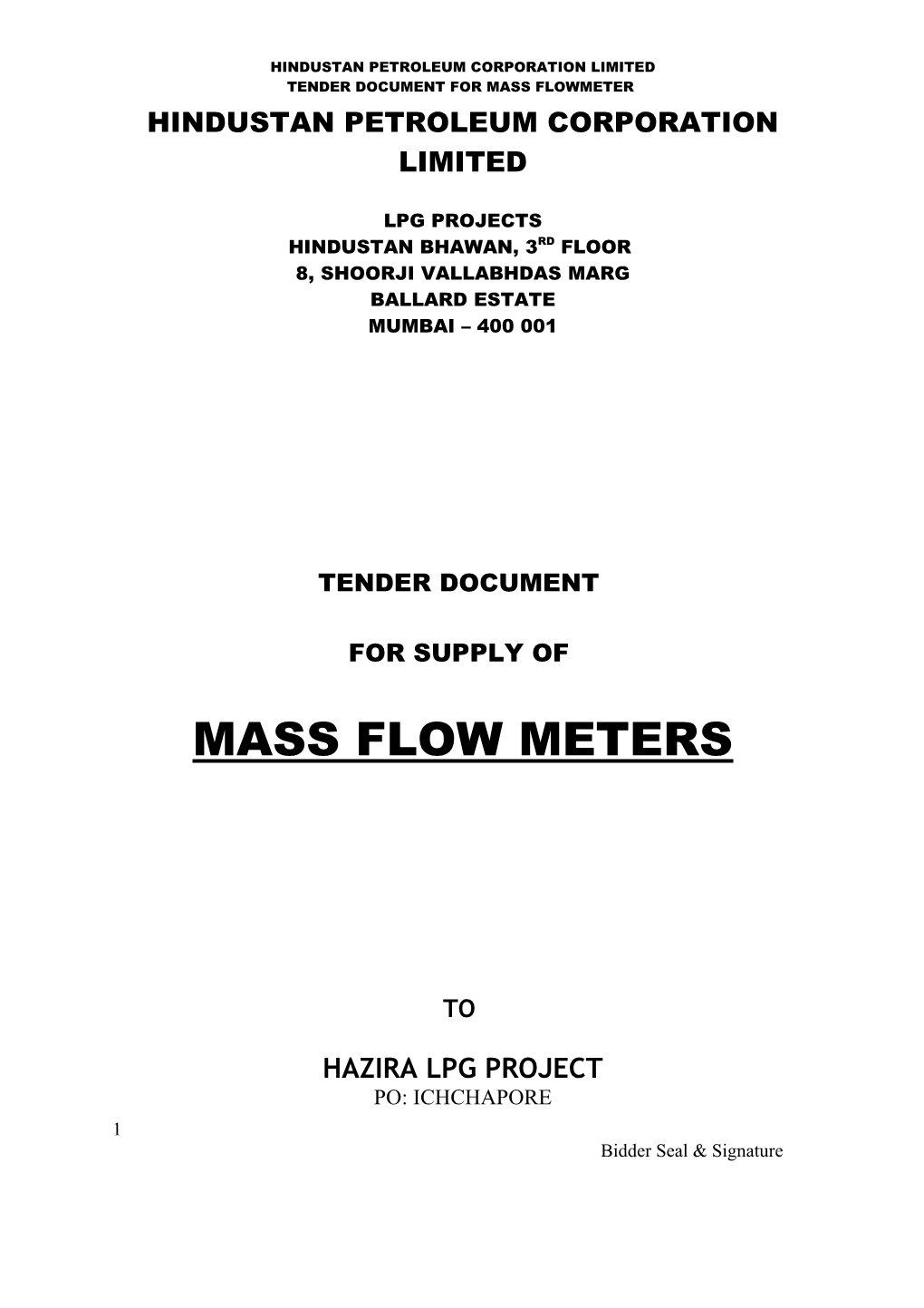 Procurement of Massflow Meters for Lpg Service