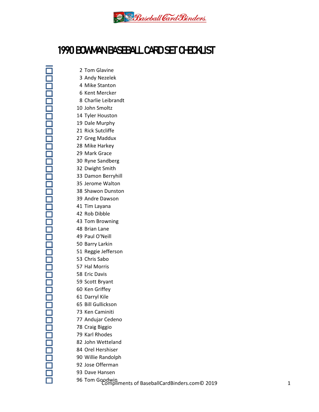 1990 Bowman Baseball Card Set Checklist