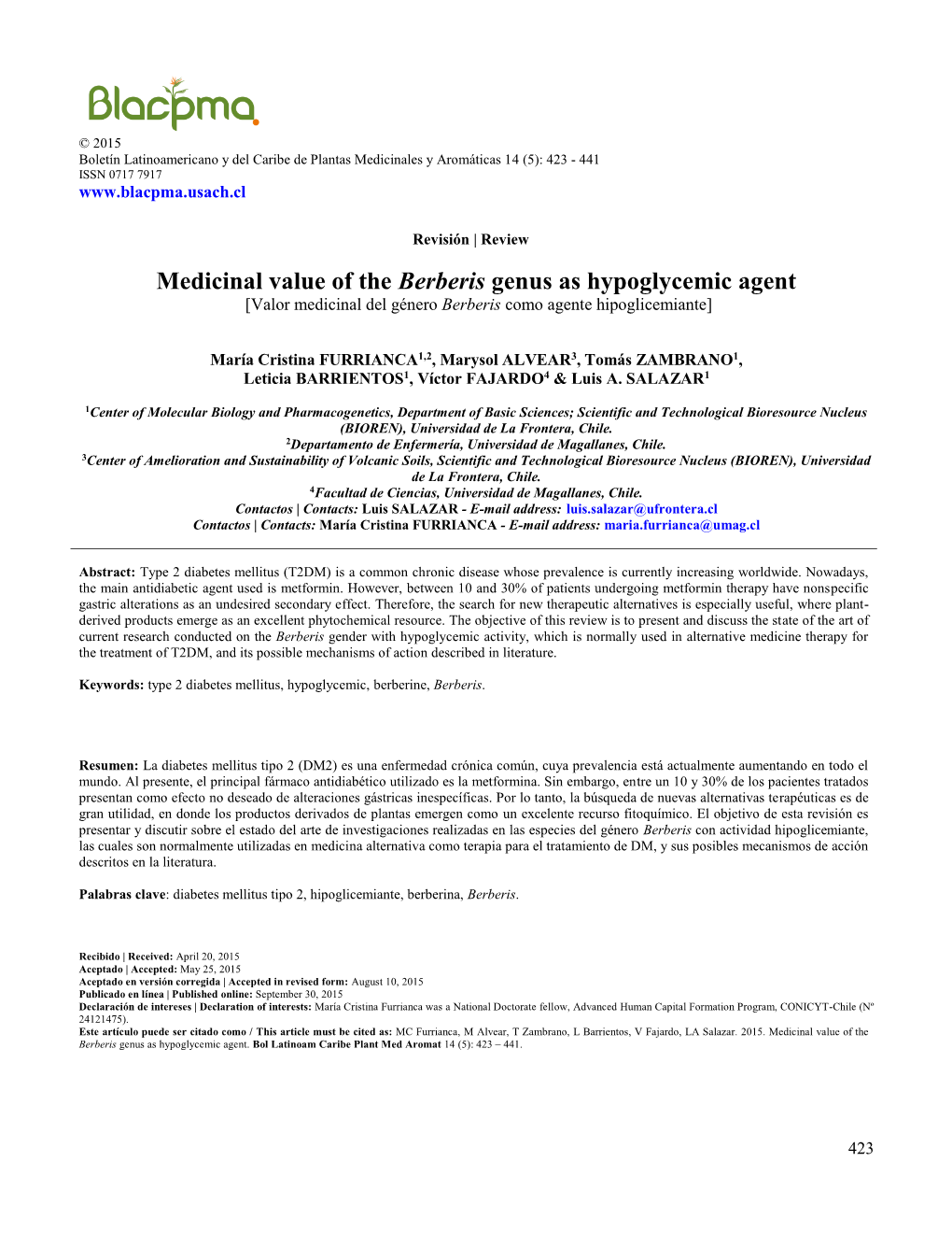 Medicinal Value of the Berberis Genus As Hypoglycemic Agent [Valor Medicinal Del Género Berberis Como Agente Hipoglicemiante]