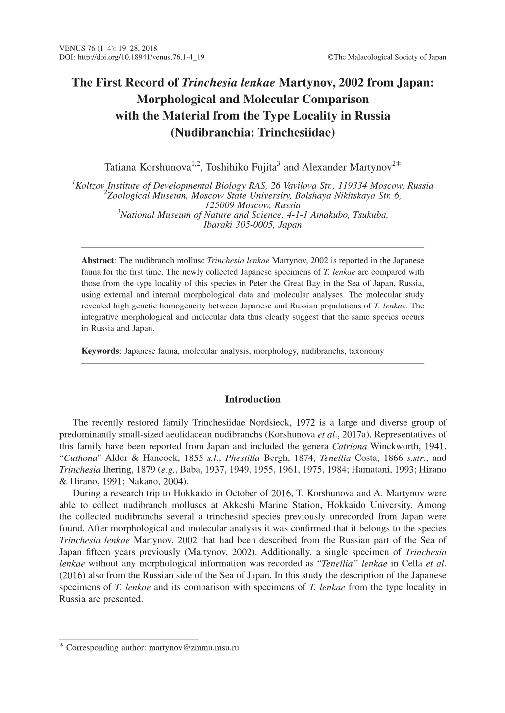 The First Record of Trinchesia Lenkae Martynov, 2002 from Japan: Morphological and Molecular Comparison with the Material From