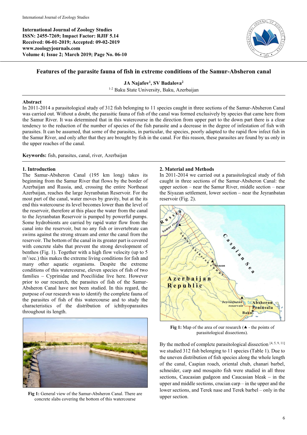 Features of the Parasite Fauna of Fish in Extreme Conditions of the Samur-Absheron Canal