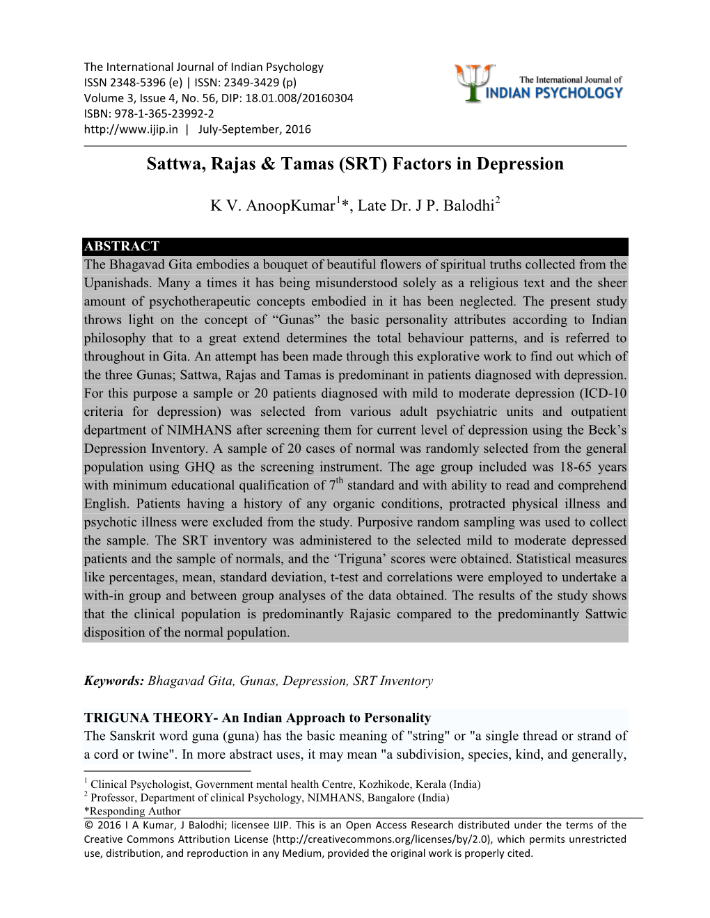 Sattwa, Rajas & Tamas (SRT) Factors in Depression