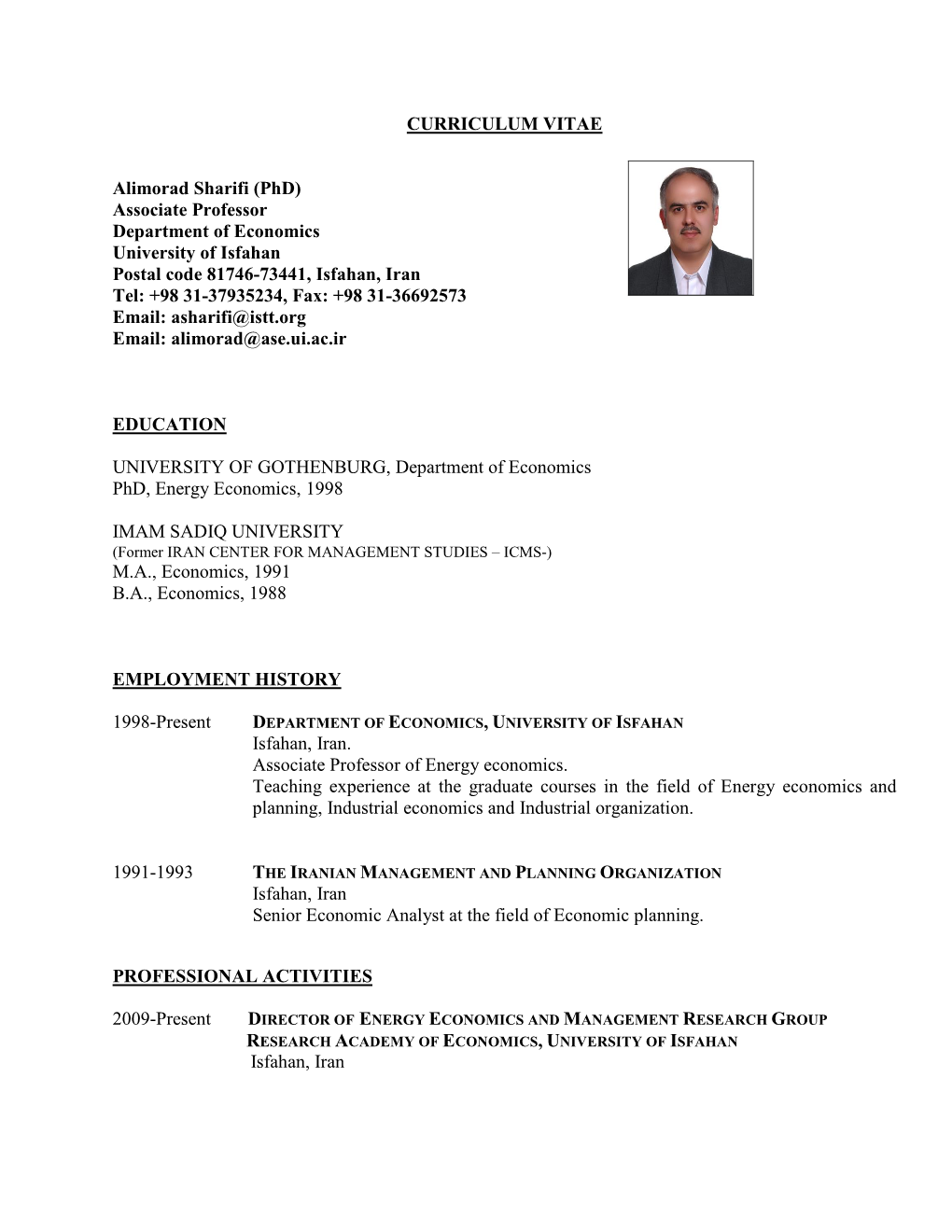 CURRICULUM VITAE Alimorad Sharifi (Phd) Associate Professor