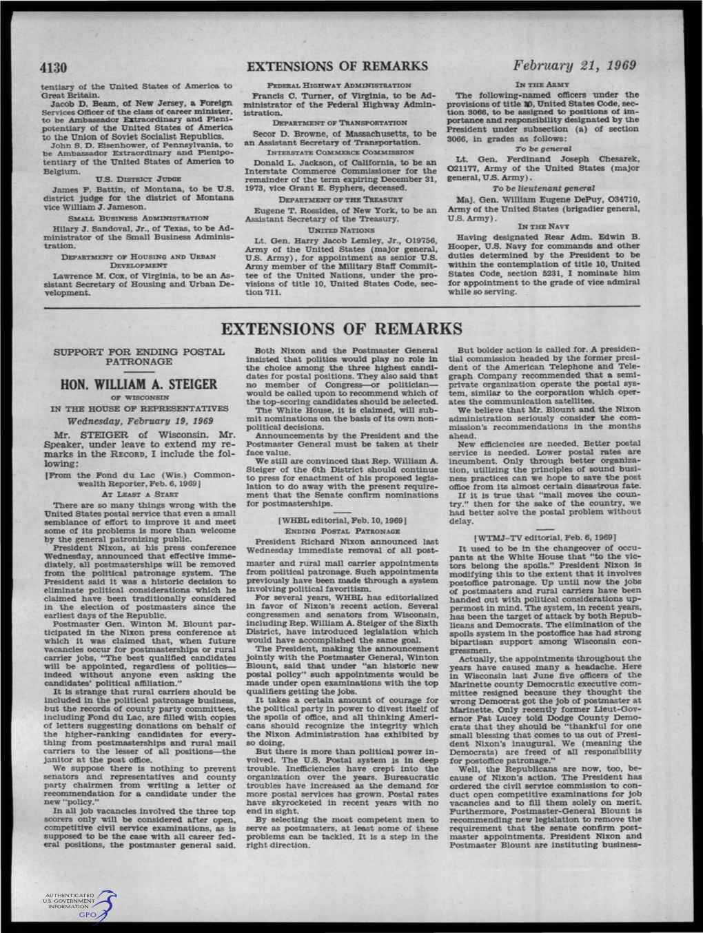 EXTENSIONS of REMARKS February 21, 1969 Tenti~Y of the United States of America to FEDERAL HIGHWAY ADMINISTRATION in the ARMY 'Great Britain