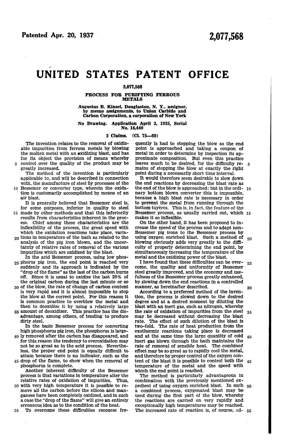 United States Patent Office 2,07,568 Process for Purfying