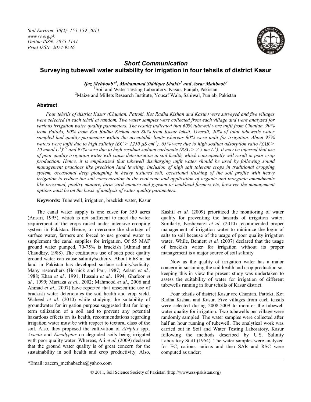 Short Communication Surveying Tubewell Water Suitability for Irrigation in Four Tehsils of District Kasur