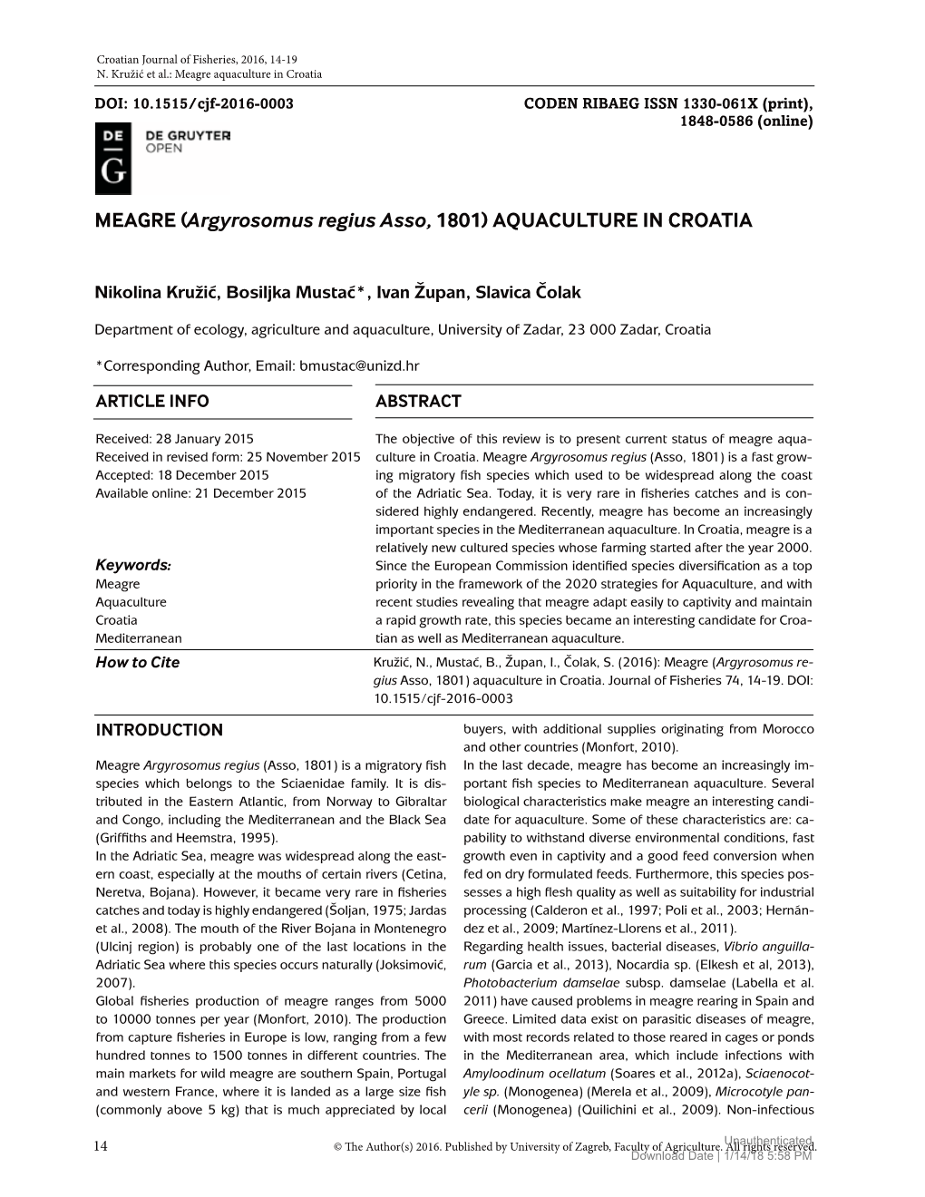 MEAGRE (Argyrosomus Regius Asso, 1801) AQUACULTURE in CROATIA