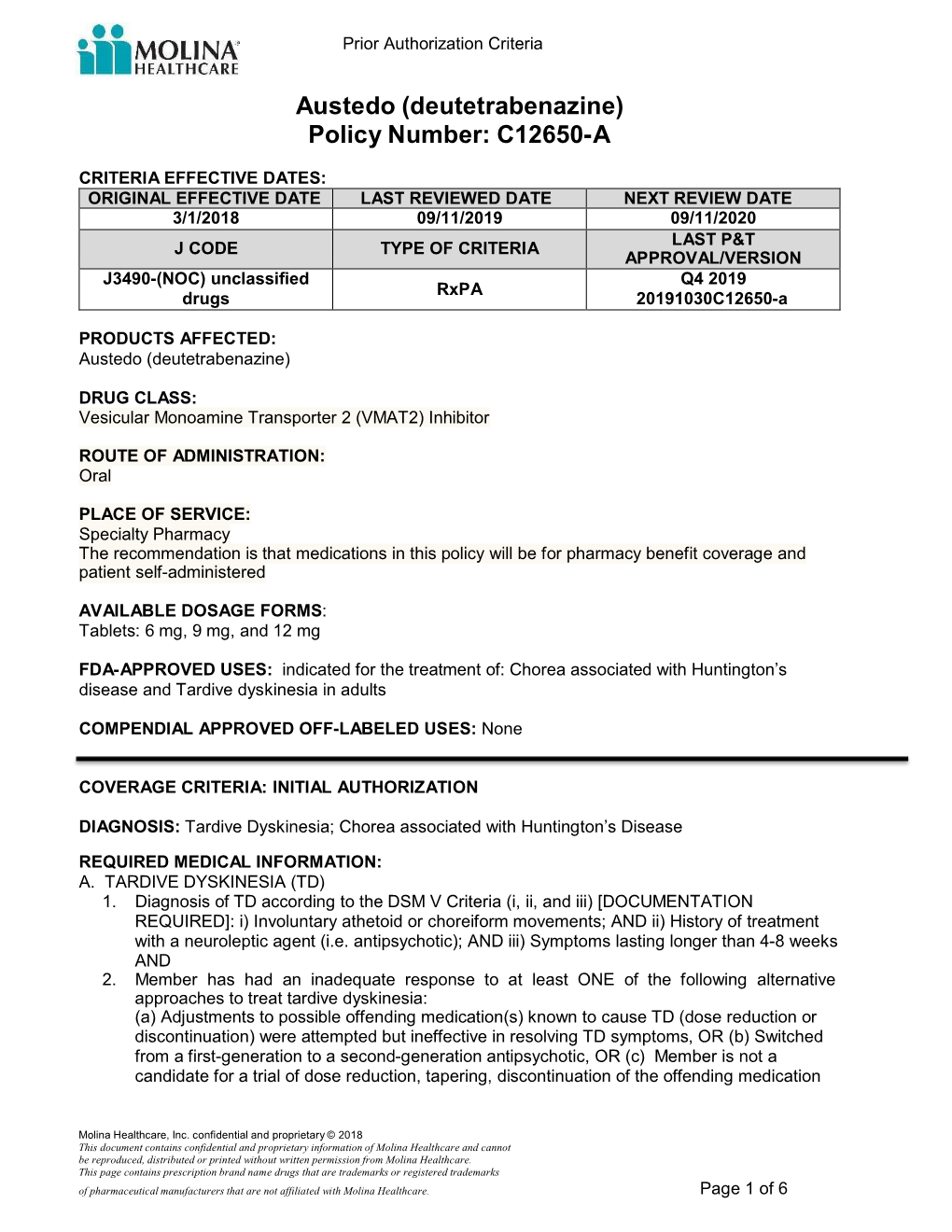 Austedo (Deutetrabenazine) Policy Number: C12650-A