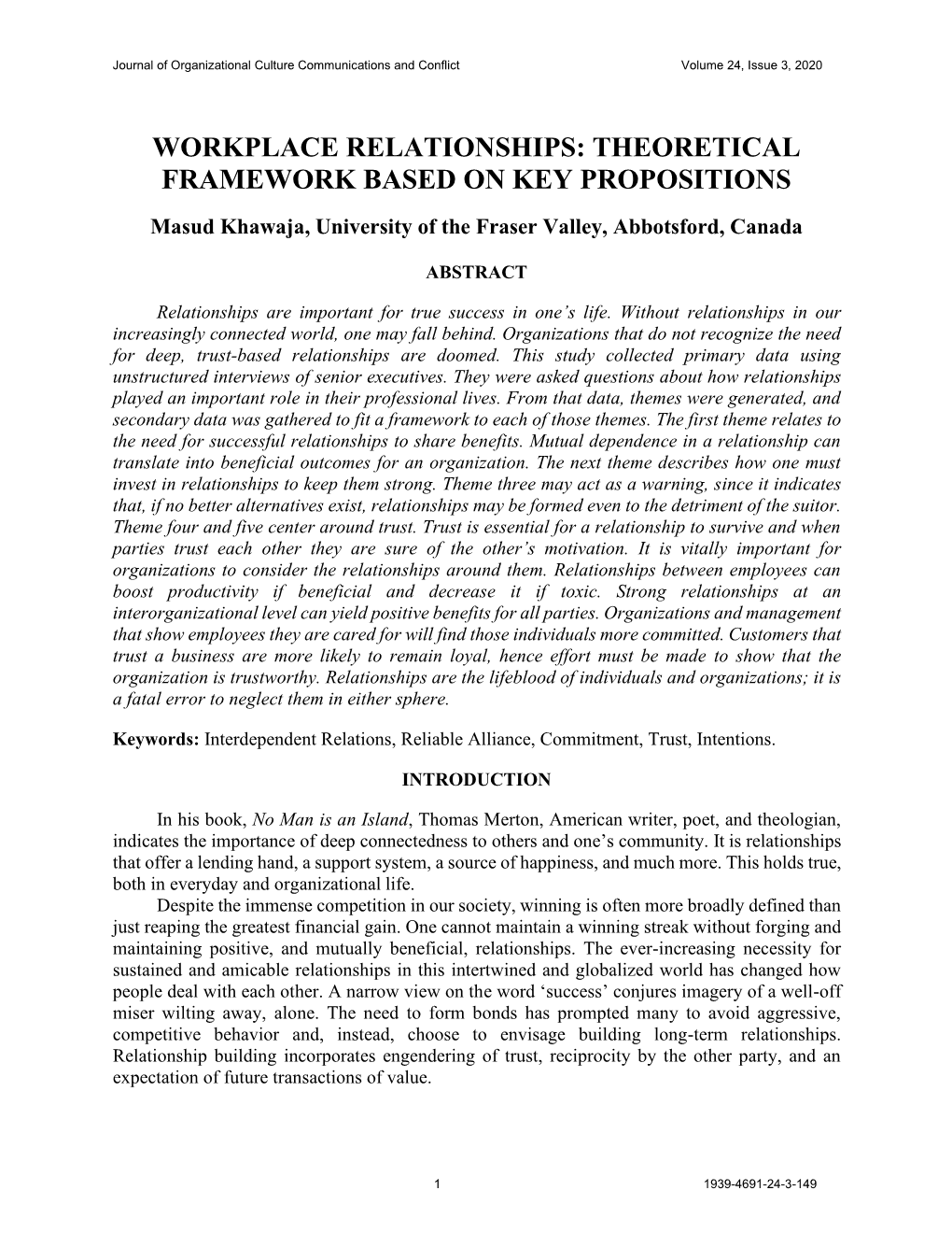 Theoretical Framework Based on Key Propositions